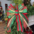 20 inch Regal Christmas Splendor hand-tied designer bow with red, emerald green and gold jeweled ribbon, on a garland