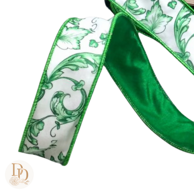 1.5" Green | White | Chinoiserie | Taffeta Acanthus Scroll Ribbon- 10 Yards