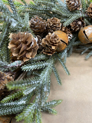 20” Frosted Evergreen Winter Wreath with Bells and Mini Cones