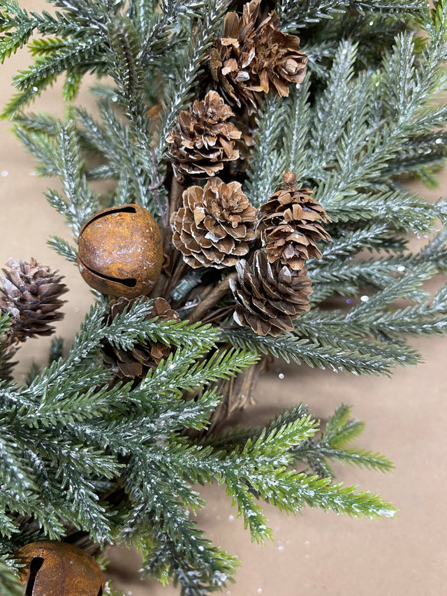 20” Frosted Evergreen Winter Wreath with Bells and Mini Cones
