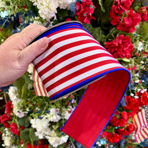 4" x 10YDS Striped Twill Dupioni Backed Ribbon | Red, White, & Blue