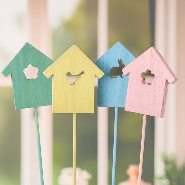 12" Wood Birdhouse Stem | Pink Blue Green Yellow