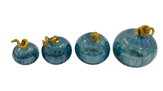 4"  Iridescent Teal Hand Blown Glass Pumpkin