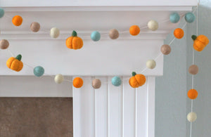 Felt Pumpkin Garland for Fall & Halloween | Orange Teal Tan