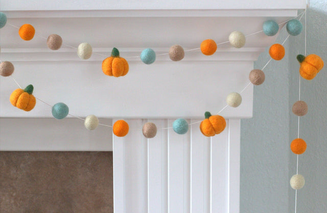 Felt Pumpkin Garland for Fall & Halloween | Orange Teal Tan