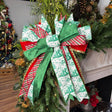 20 inch Grand Holiday Toile hand-tied designer bow with green-and-white toile, plaid and jeweled red ribbon, on a garland