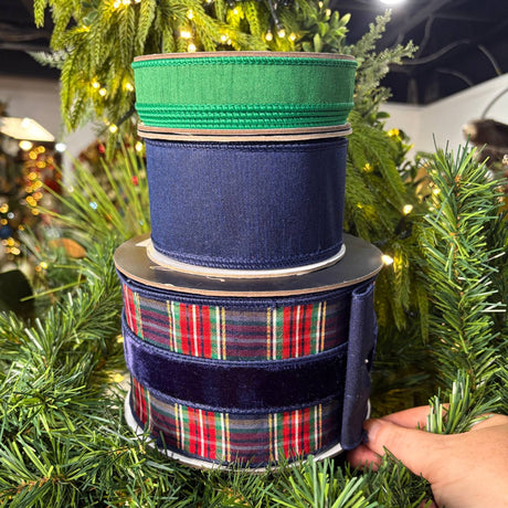 Emerald, navy and tartan plaid designer Christmas ribbon bundle on spools, for bows, wreaths and garland