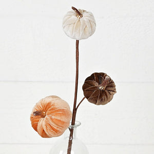 15" Velvet Mini Pumpkin Stem with Gold Stems for Fall Wreaths & Crafts