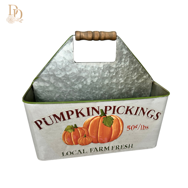 10.25" Pumpkin Pickings Metal Bucket with Handle