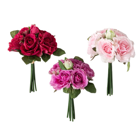 Three small bouquets of red, pink, and purple flowers on a white background