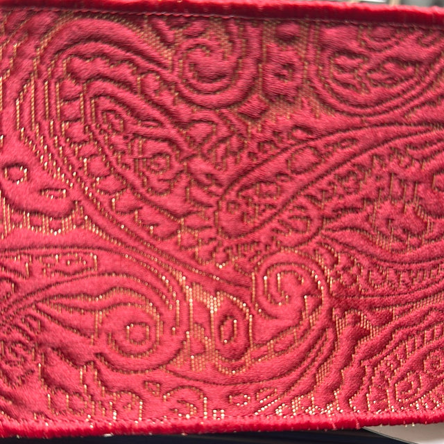 4"x10 Yard Red Woven Foliage Pattern Ribbon