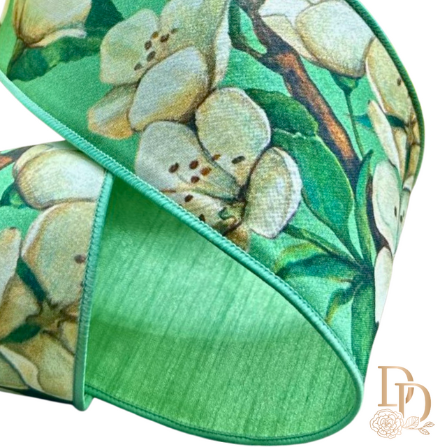 4" Mint Green | Cream | Apple Blossom | Dupioni Ribbon- 10 Yards