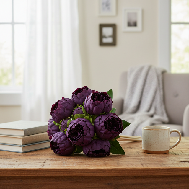 10.5" Real Touch Peony bundle| 8 Flowers and Buds | Rich Purple