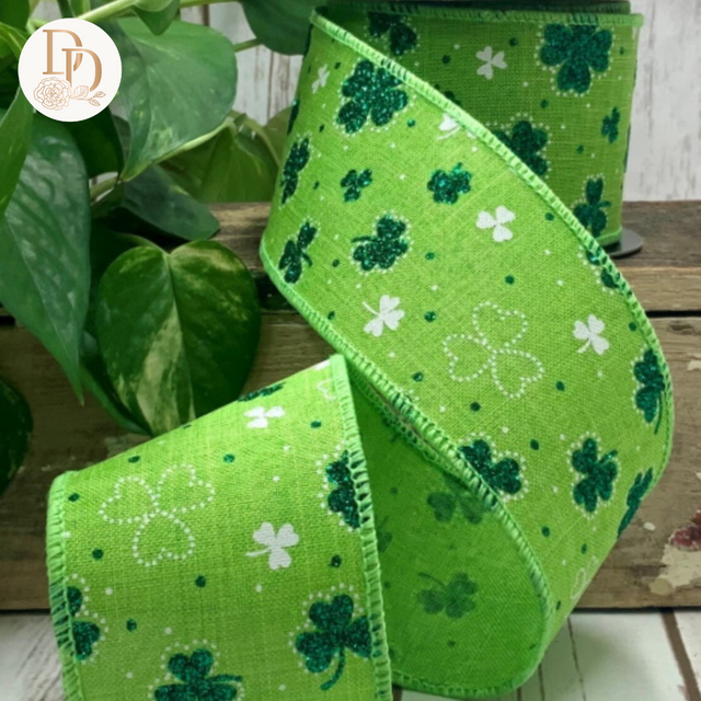 2.5" Green Glitter Shamrock | Linen Ribbon- 10 Yards