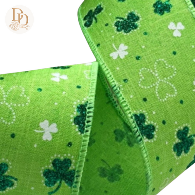 2.5" Green Glitter Shamrock | Linen Ribbon- 10 Yards