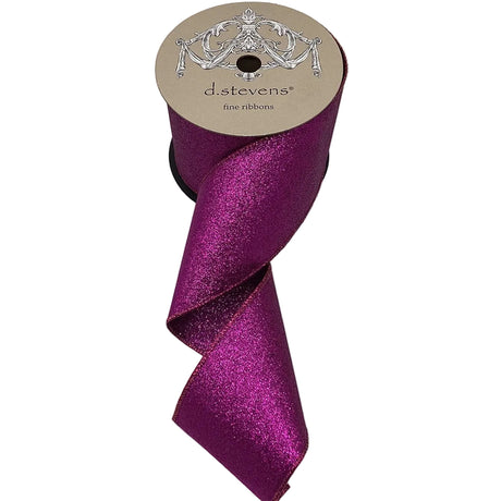 Spool of purple glitter ribbon with 'd.stevens' label on a light gray background