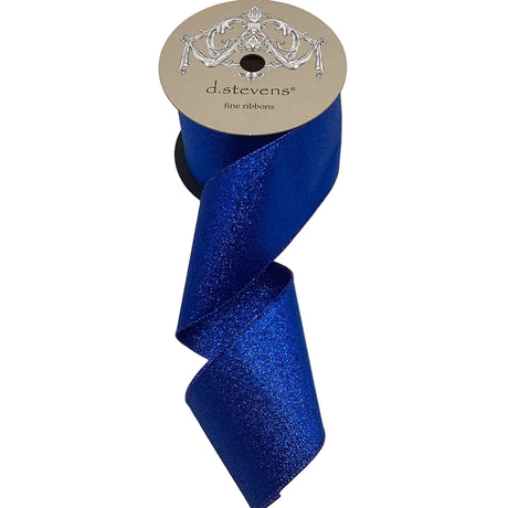 Spool of blue glitter ribbon with 'd Stevens' label on a white background