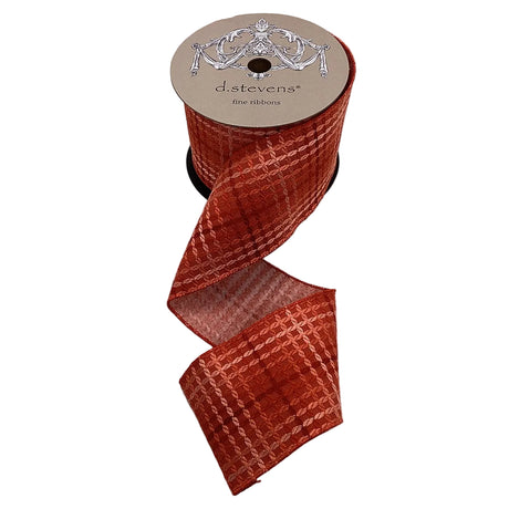 Spool of red ribbons with a pattern on a white background, branded 'd.stevens'.