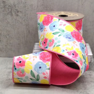4" Blue | Pink | Yellow Watercolor Roses | Dupioni Ribbon- 10 Yards