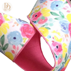 4" Blue | Pink | Yellow Watercolor Roses | Dupioni Ribbon- 10 Yards