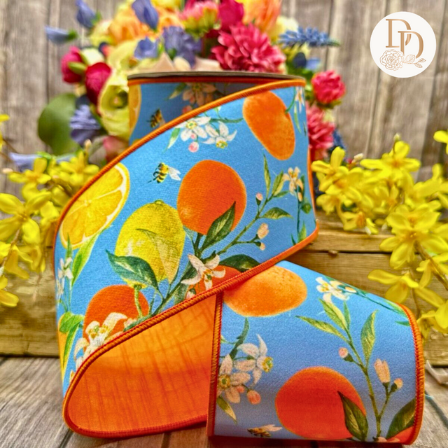 4" x 10yds Dupioni Watercolor Citrus & Blossoms Ribbon – Blue/Orange/Yellow