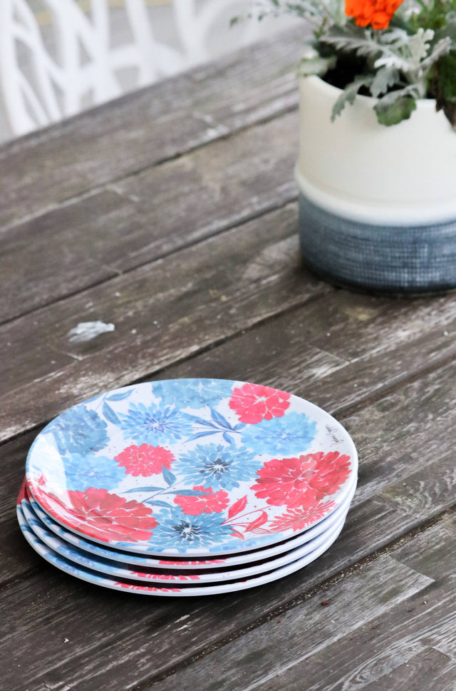 Patriotic Red White & Bloom 4th Of July Plate Set 4