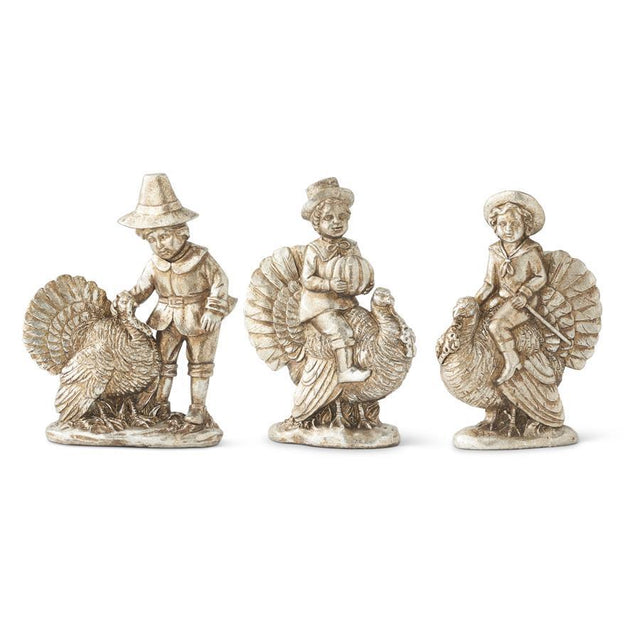 7.25" Set of 3 Antique Silver Resin Pilgrim Children Figurines