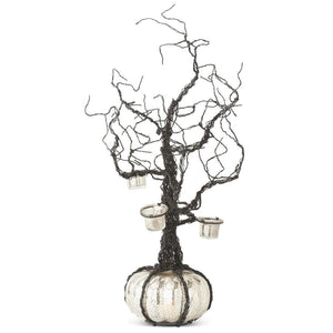 28" Black Wire Votive Halloween Tree with LED Mercury Pumpkin Base