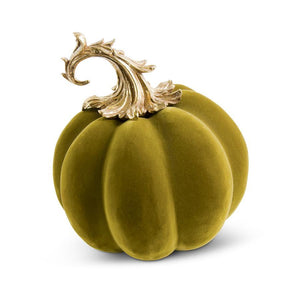 9.5" Green Velvet Pumpkin with Gold Filigree Stem