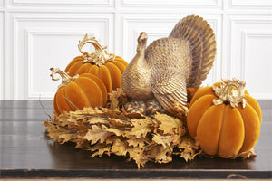 12" Orange Velvet Pumpkin with Gold Filigree Stem