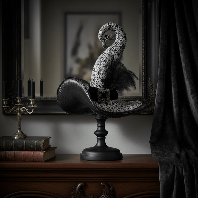 23.75" Black & White Resin Witch Hat on Pedestal
