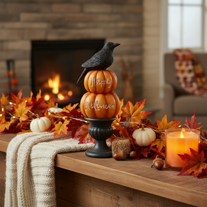 9" Resin Happy Halloween Pumpkins on Black Urn with Crow