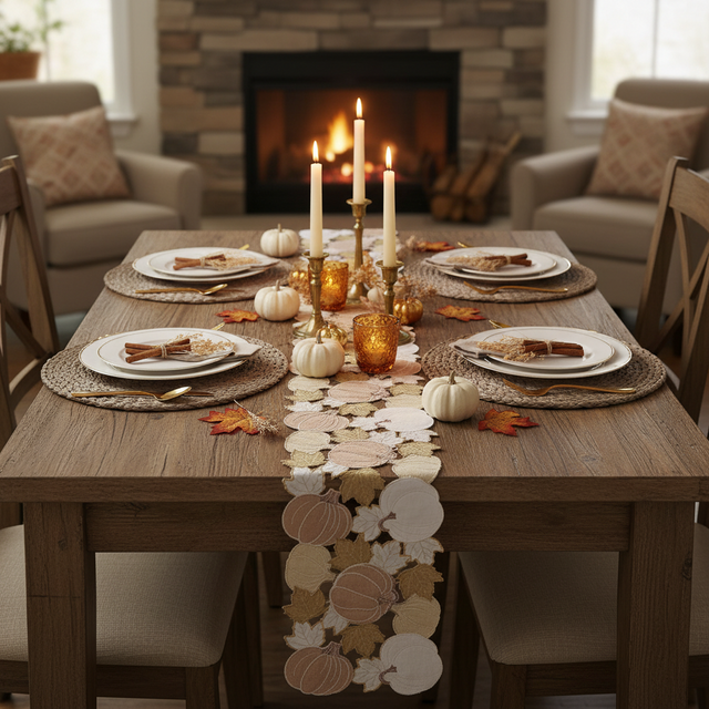 70" Cream Pumpkin & Fall Leaves Embroidered Cutout Table Runner