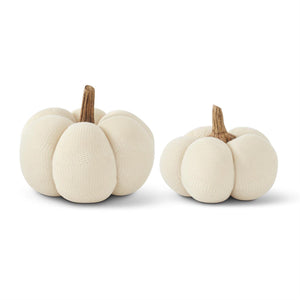 8.25"/6.5" Cream Knit Pumpkins with Wood Stem | Set of 2