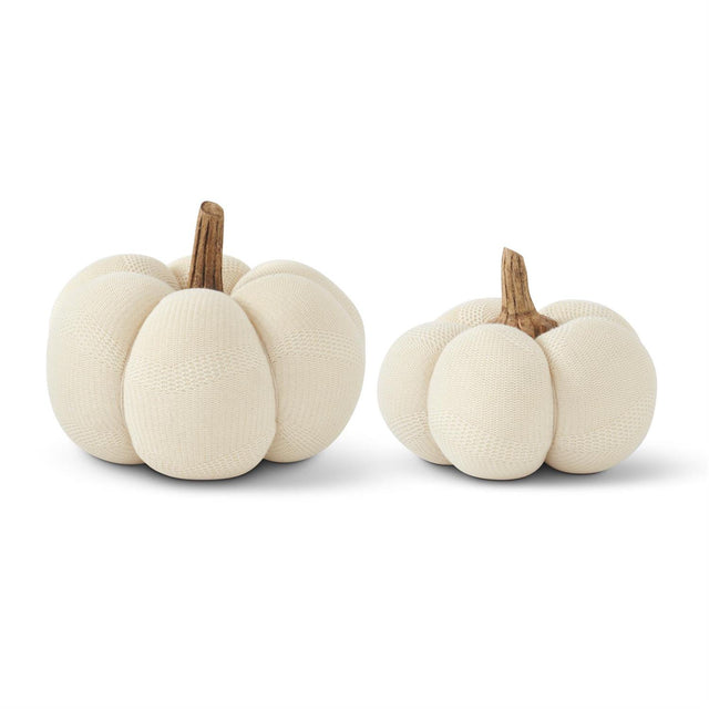 8.25"/6.5" Cream Knit Pumpkins with Wood Stem | Set of 2