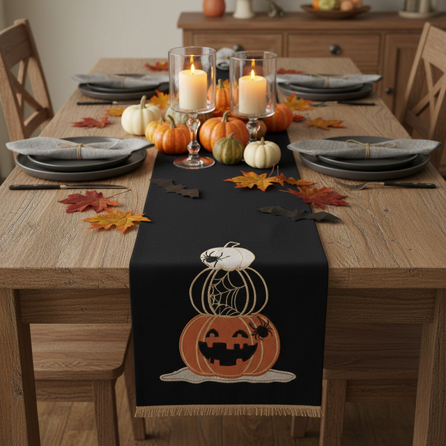 27" Black Halloween Jack O’ Lantern Stitched Table Runner