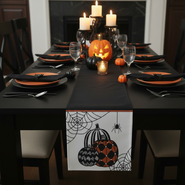 72" White & Black Halloween Pumpkin Table Runner
