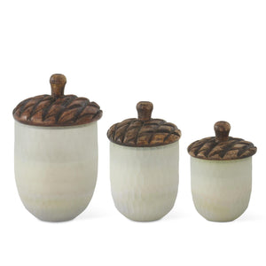Frosted Glass Acorn Filled Candles with Wood Lid | 3.25",4",5"