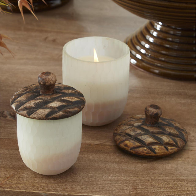 Frosted Glass Acorn Filled Candles with Wood Lid | 3.25",4",5"