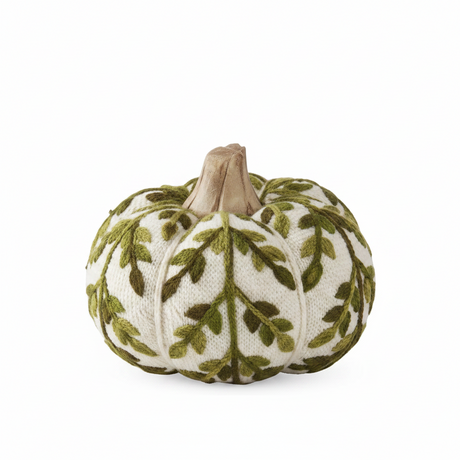 3.5 inch Cream & Green Foliage Knit Pumpkin