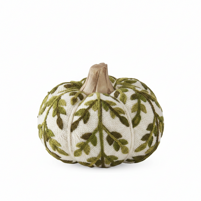 3.5" Cream & Green Foliage Knit Pumpkin