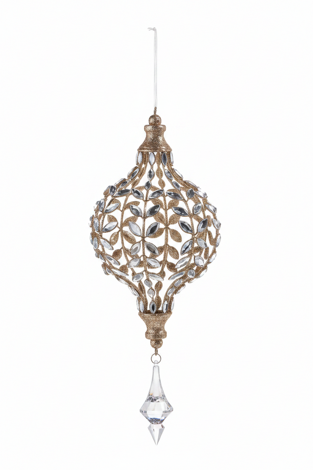 14" Jeweled Drop Ornament with Champagne Glitter- Set of 2 Assorted