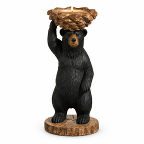 10 inch Black Bear Standing with Pinecones Candle Holder