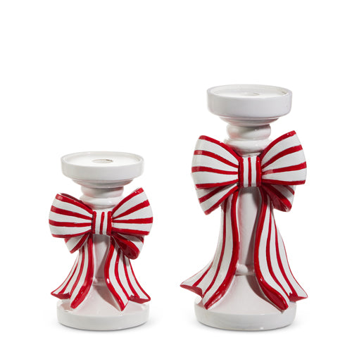 10" Red & White Striped Bow Candle Holders | Set of Two