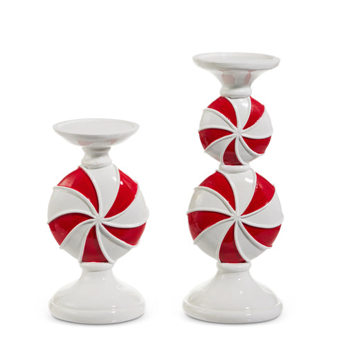 11" Red & White Peppermint Candle Holder | Set of Two