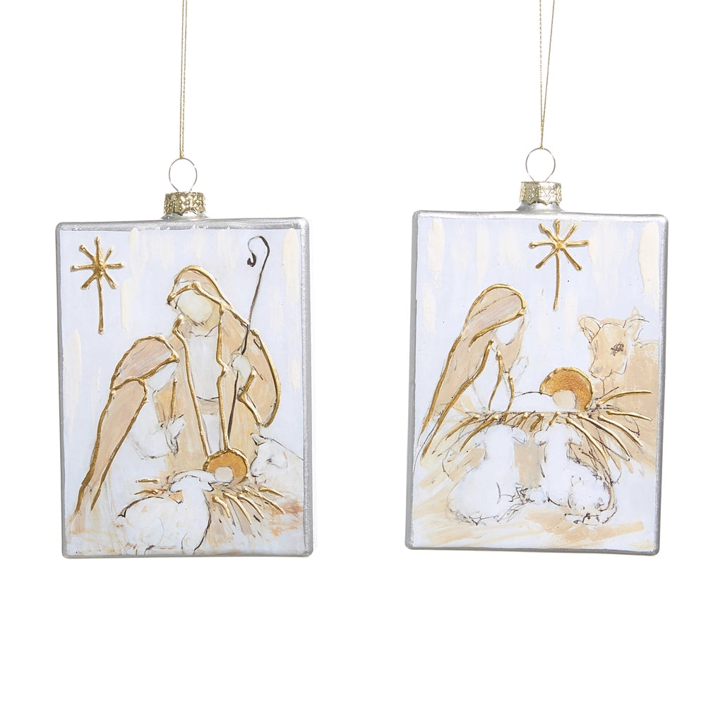 Two rectangular glass Christmas ornaments depicting a nativity scene with Mary, Joseph, and baby Jesus.