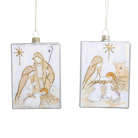 Two rectangular glass Christmas ornaments depicting a nativity scene with Mary, Joseph, and baby Jesus.