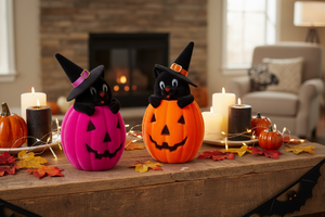 10" Flocked Cat in Jack-O'-Lantern | Two Playful Colors Available