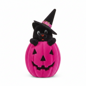 10" Flocked Cat in Jack-O'-Lantern | Two Playful Colors Available
