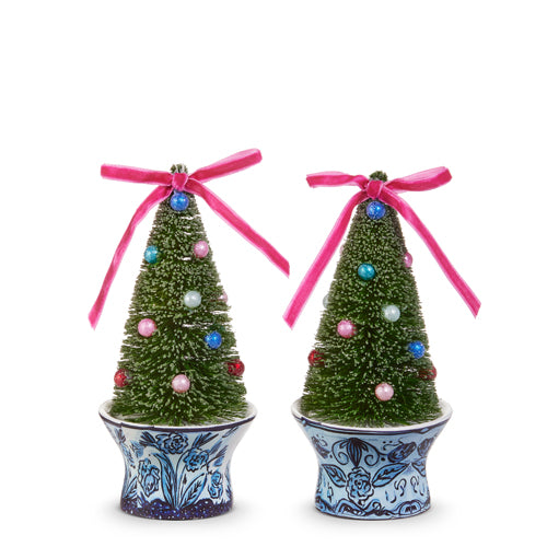 6" Bottle Brush Tree in Chinoiserie Urn Ornament | Two Styles Available(Sold Individually)
